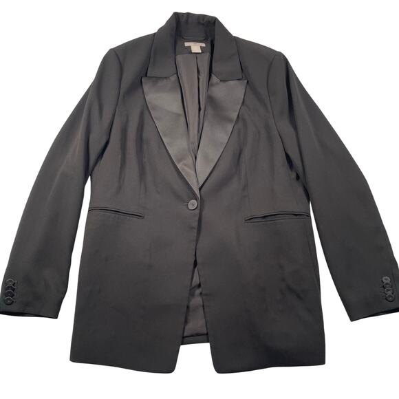 H&M Tuxedo Jacket Womens Large Black Crepe Unstructured Satin Lapels - Picture 1 of 12